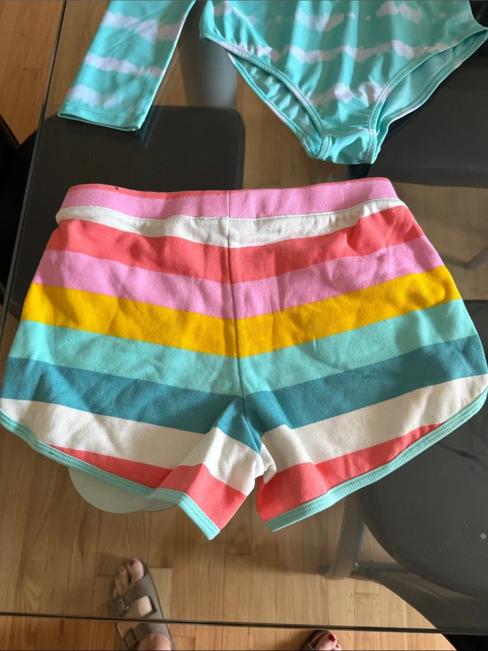 Girls' Teal Striped Long-Sleeve Rash Guard & Colorful Stripe Swim Shorts Set